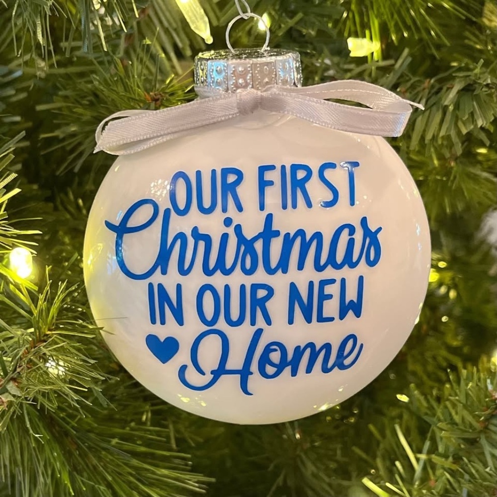 Our First Christmas New Home Ornament Blue White Glass 3.5"